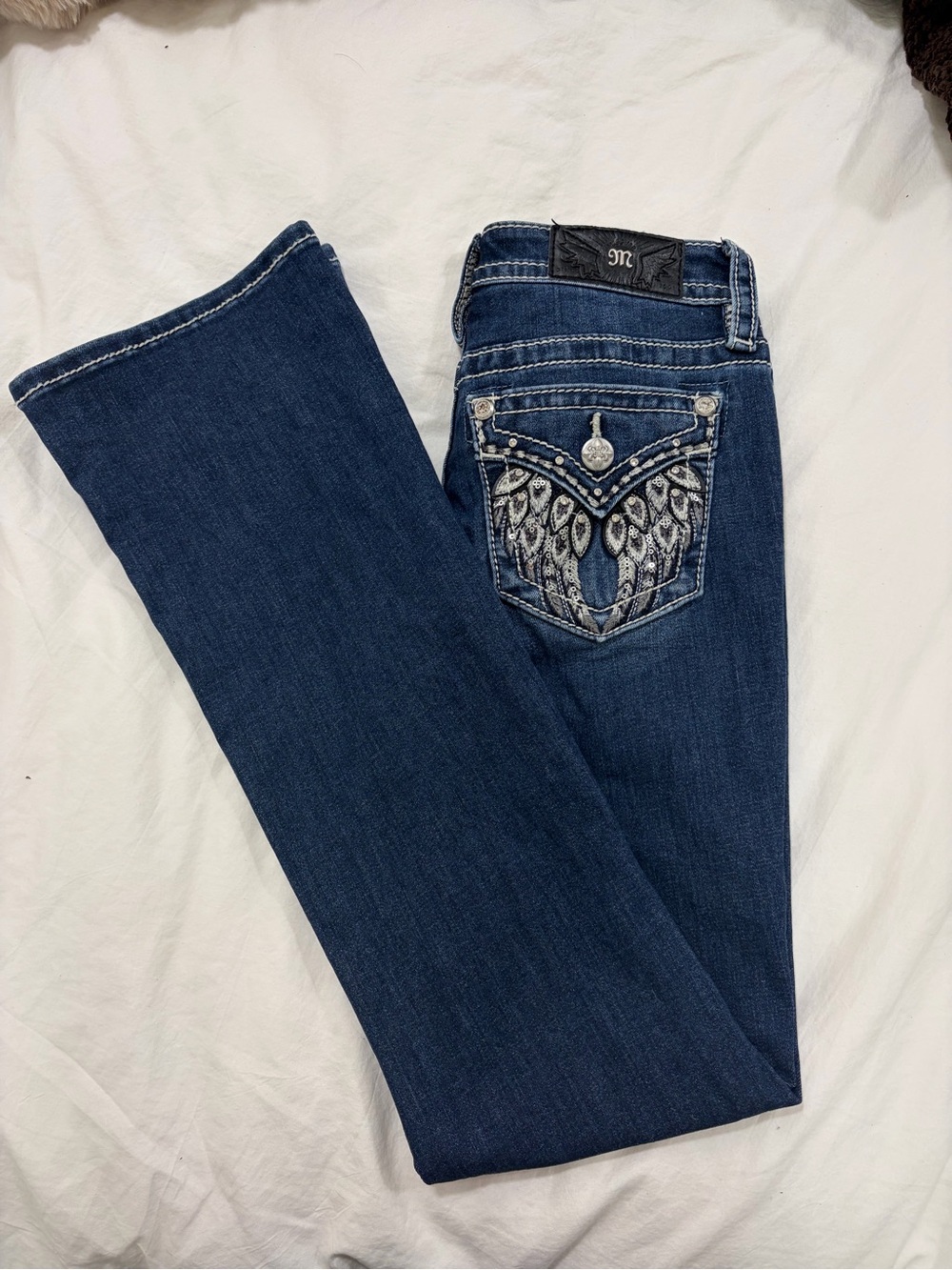 Miss Me Dark Blue Boot Cut Jeans with Embroidered Pockets